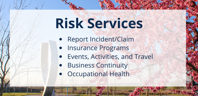 Risk Services, Report Incident/Claim, Insurance, Events, Travel, Business Continuity, Occupational Health
